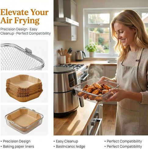 Cabilock 1 Set Stainless Steel Square Air Fryer Basket, 8" Mesh Fryer Basket with Handle + Disposable Nonstick Parchment Liners, Replacement Oven Accessory for Home Cooking in Kuwait