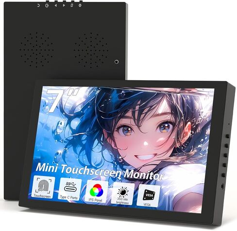 Small Monitor Touchscreen 7 Inch HD 1280x800 Type C HDMI Ports Mini Portable Monitor IPS LED Display for PC Laptop Ras Pi, Built-in Speakers in Kuwait