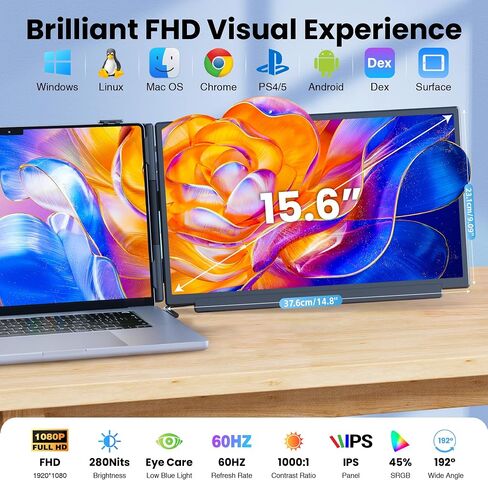 15.6" Laptop Screen Extender, 1080P FHD Detachable Portable Monitor for Laptop with Independent Stand, Vertical Travel Monitor Extender for Mac/Windows/Android/Game Console in Kuwait