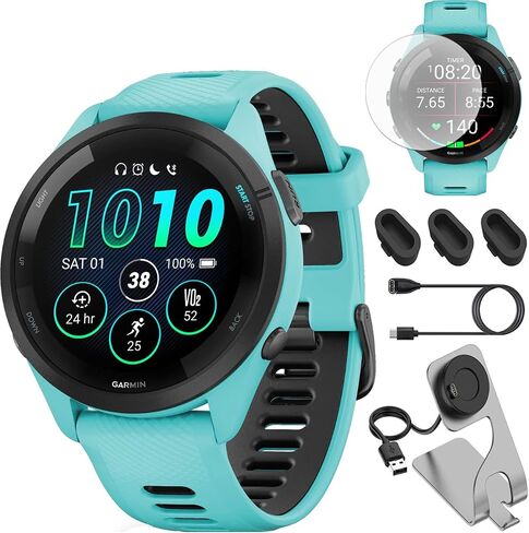 Garmin Forerunner 265 Running GPS Smartwatch, AMOLED Display, 46mm, Black/Powder Gray, 010-02810-00 - Bundle w/Deco Essentials Charging Dock, Dust Cover and Screen Protector in Kuwait