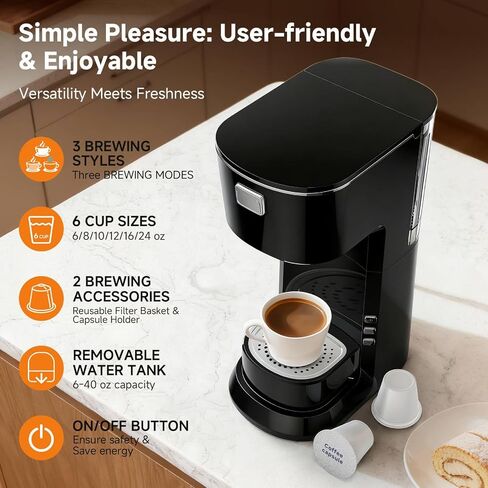 Coffee Maker, 2 in 1 Single Serve Brewer Compatible with K Pods & Ground for Men and Women, 6-24oz and 2-4 Mins Rapid Brew, Compact Coffee Machine for Kitchen Office RV Camping-Black in Kuwait