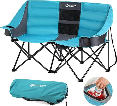 VILLEY Double Camping Chair w/Cooler Bag, Extra Wide Loveseat, Heavy Duty Padded Camping Couch, Portable Folding Chair w/Carry Bag Steel Frame Cup Holders for Camp Lawn Picnic Sports, Support 600LBS in Kuwait