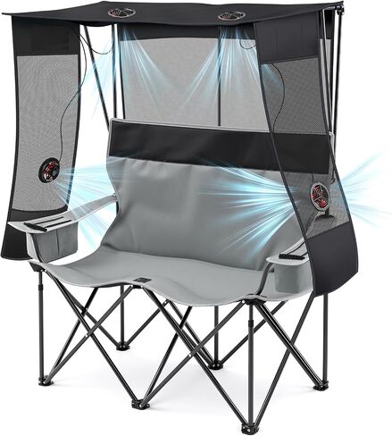 Teenyyou Double Camping Chair with Sunshade Canopy & 4 Detachable USB Fans, 3-Speed Heavy Duty 660 Lbs Folding Loveseat Beach Chair with Cup Holder for Lawn, Picnic & Outdoor Sports (No Battery) in Kuwait