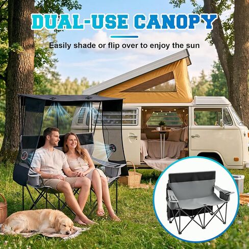 Teenyyou Double Camping Chair with Sunshade Canopy & 4 Detachable USB Fans, 3-Speed Heavy Duty 660 Lbs Folding Loveseat Beach Chair with Cup Holder for Lawn, Picnic & Outdoor Sports (No Battery) in Kuwait