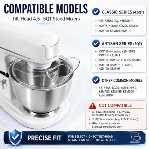 Stainless Steel Pouring Chute with Splash Guard Bowl Lid Combo, Replacement Accessories Fit KitchenAid 4.5-5 Quart Tilt Head Stand Mixer,Anti-Spill Bowl Cover & No-Mess Pour Guide Mixer Attachments in Kuwait