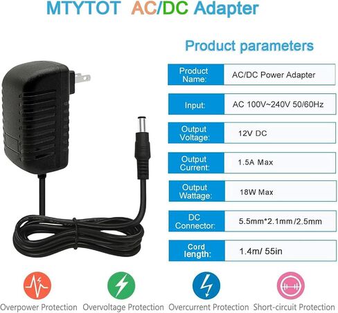 12Volt Power Supply 1.5A AC/DC Adapter 100-240V 50/60Hz to DC 12V 1.5Amp Power Adapter Cord, 5.5mm x 2.5mm DC Plug Connectivity in Kuwait
