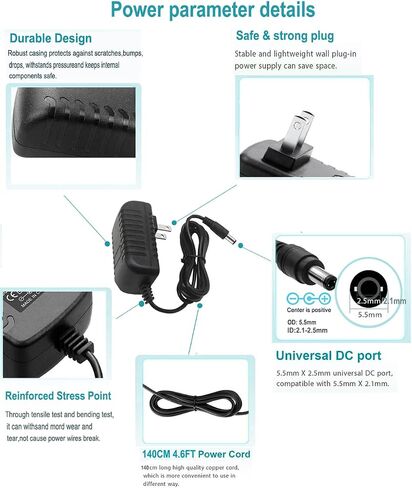 12Volt Power Supply 1.5A AC/DC Adapter 100-240V 50/60Hz to DC 12V 1.5Amp Power Adapter Cord, 5.5mm x 2.5mm DC Plug Connectivity in Kuwait
