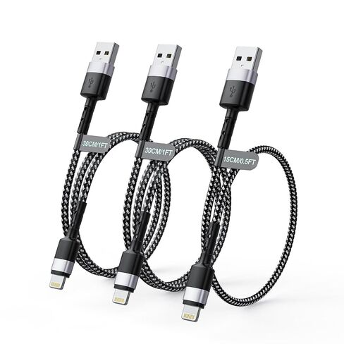 3Pack Short iPhone Charging Cable, USB A to Lightning Cable【15cm+30cm+30cm】, Nylon Braided Sync Data Short Charger Cable, Fast Charger Cord for Apple iPhone 14 13 12 11 Pro Max Xr X 8 7 Plus SE iPad in Kuwait