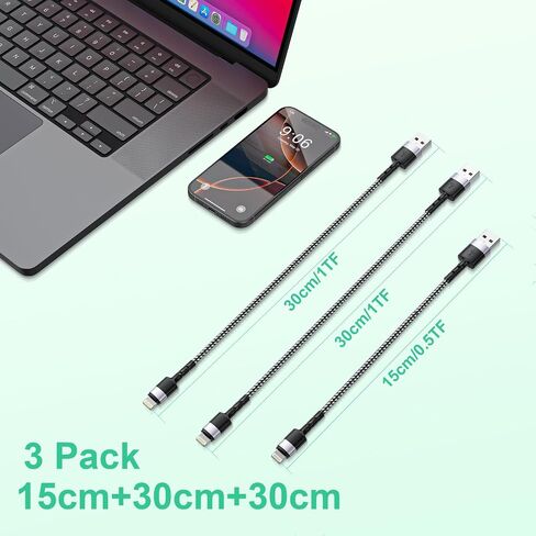 3Pack Short iPhone Charging Cable, USB A to Lightning Cable【15cm+30cm+30cm】, Nylon Braided Sync Data Short Charger Cable, Fast Charger Cord for Apple iPhone 14 13 12 11 Pro Max Xr X 8 7 Plus SE iPad in Kuwait