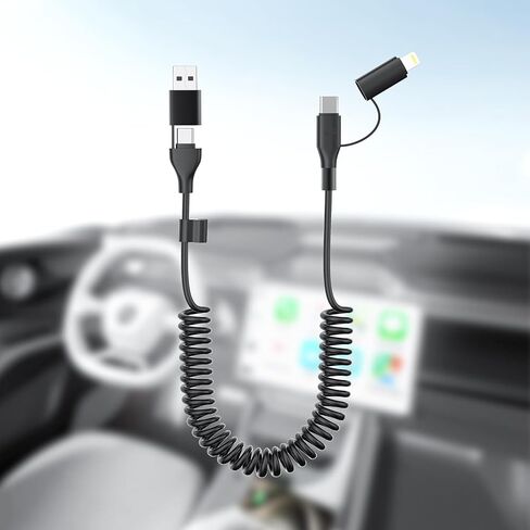 Coiled Carplay 4-in-1 USBA/Type C to USB-C/Lightning Cable Multi Combo for Apple Carplay& Android Auto,60W Fast Charge&Data Sync Car Charger Cord for iPhone 15/14/13/12,Samsung,Android-Black in Kuwait