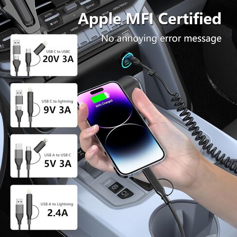 Coiled Carplay 4-in-1 USBA/Type C to USB-C/Lightning Cable Multi Combo for Apple Carplay& Android Auto,60W Fast Charge&Data Sync Car Charger Cord for iPhone 15/14/13/12,Samsung,Android-Black in Kuwait