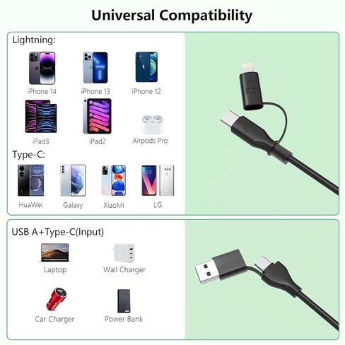 Coiled Carplay 4-in-1 USBA/Type C to USB-C/Lightning Cable Multi Combo for Apple Carplay& Android Auto,60W Fast Charge&Data Sync Car Charger Cord for iPhone 15/14/13/12,Samsung,Android-Black in Kuwait