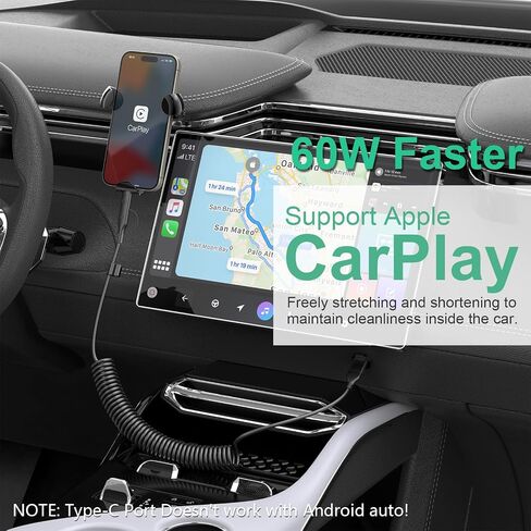 Coiled Carplay 4-in-1 USBA/Type C to USB-C/Lightning Cable Multi Combo for Apple Carplay& Android Auto,60W Fast Charge&Data Sync Car Charger Cord for iPhone 15/14/13/12,Samsung,Android-Black in Kuwait