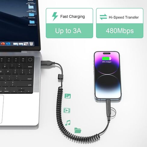 Coiled Carplay 4-in-1 USBA/Type C to USB-C/Lightning Cable Multi Combo for Apple Carplay& Android Auto,60W Fast Charge&Data Sync Car Charger Cord for iPhone 15/14/13/12,Samsung,Android-Black in Kuwait