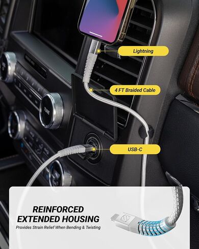 Scosche Strikeline 4ft USB C to Lightning Cable, MFi Certified Heavy Duty Braided Charger Cord with Reinforced Connector Housing, Type C Charger Fast Charging Cable for iPhone, iPad & More, White in Kuwait