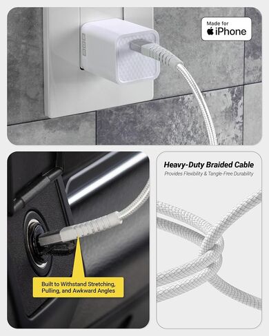 Scosche Strikeline 4ft USB C to Lightning Cable, MFi Certified Heavy Duty Braided Charger Cord with Reinforced Connector Housing, Type C Charger Fast Charging Cable for iPhone, iPad & More, White in Kuwait