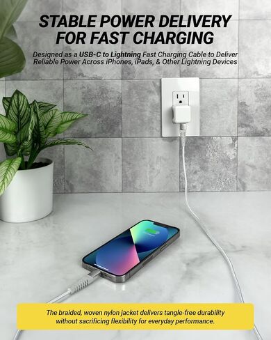 Scosche Strikeline 4ft USB C to Lightning Cable, MFi Certified Heavy Duty Braided Charger Cord with Reinforced Connector Housing, Type C Charger Fast Charging Cable for iPhone, iPad & More, White in Kuwait