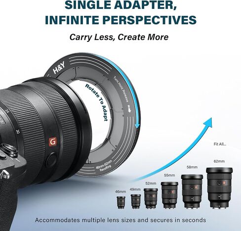 H&Y RevoRing Adjustable 46-62mm to 67mm Step Up Ring for Filters | 46-62mm to 67mm Variable Step Up Ring, Secure Turn-Hold Lock, Lens Filter Adapter Ring, Aluminum, Black in Kuwait