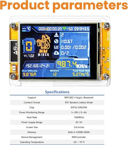 Bitcoin Miner NerdMiner, ESP32 2.8-inch OLED Display Development Board Type C ESP32-2432S028 Suitable for 1000 KH/s Hashrate Operations (Transparent) in Kuwait