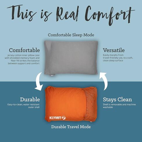 KLYMIT Drift Camping Pillow | Lightweight, Travel Head Rest for Sleep Filled with Shredded Memory Foam, Reversible Outer Cover for Extended Use, Regular Size — Tan in Kuwait