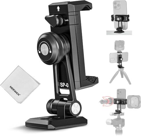 NEEWER SP-02 Phone Tripod Mount Adapter with Arca Type Quick Release Plate Cold Shoe 360° Rotation 180° Tilt Cleaning Cloth, Foldable Holder Compatible with iPhone Android Samsung for Video Recording in Kuwait