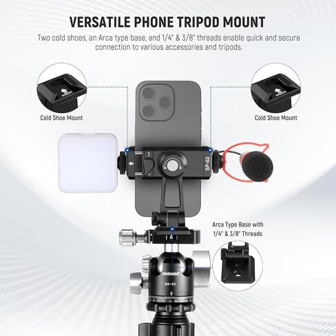 NEEWER SP-02 Phone Tripod Mount Adapter with Arca Type Quick Release Plate Cold Shoe 360° Rotation 180° Tilt Cleaning Cloth, Foldable Holder Compatible with iPhone Android Samsung for Video Recording in Kuwait