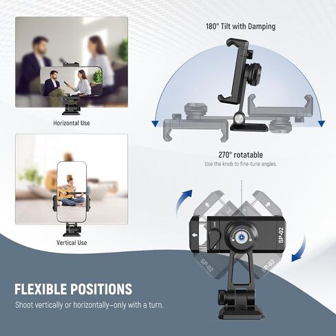 NEEWER SP-02 Phone Tripod Mount Adapter with Arca Type Quick Release Plate Cold Shoe 360° Rotation 180° Tilt Cleaning Cloth, Foldable Holder Compatible with iPhone Android Samsung for Video Recording in Kuwait