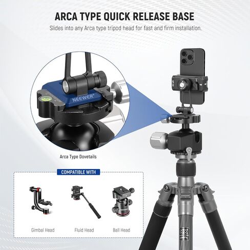 NEEWER SP-02 Phone Tripod Mount Adapter with Arca Type Quick Release Plate Cold Shoe 360° Rotation 180° Tilt Cleaning Cloth, Foldable Holder Compatible with iPhone Android Samsung for Video Recording in Kuwait