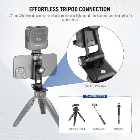 NEEWER SP-02 Phone Tripod Mount Adapter with Arca Type Quick Release Plate Cold Shoe 360° Rotation 180° Tilt Cleaning Cloth, Foldable Holder Compatible with iPhone Android Samsung for Video Recording in Kuwait