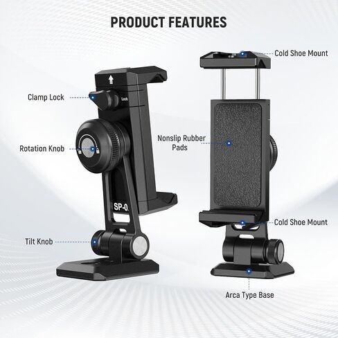NEEWER SP-02 Phone Tripod Mount Adapter with Arca Type Quick Release Plate Cold Shoe 360° Rotation 180° Tilt Cleaning Cloth, Foldable Holder Compatible with iPhone Android Samsung for Video Recording in Kuwait