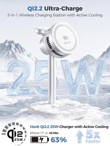 havit 3 in 1 Wireless Charger, Qi2.2 Certified 25W Magnetic Charging Station with Active Cooling for iPhone 17/16/15/14/13/12, Apple Watch & AirPods, 45W Adapter Included, Silver in Kuwait