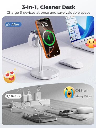 havit 3 in 1 Wireless Charger, Qi2.2 Certified 25W Magnetic Charging Station with Active Cooling for iPhone 17/16/15/14/13/12, Apple Watch & AirPods, 45W Adapter Included, Silver in Kuwait