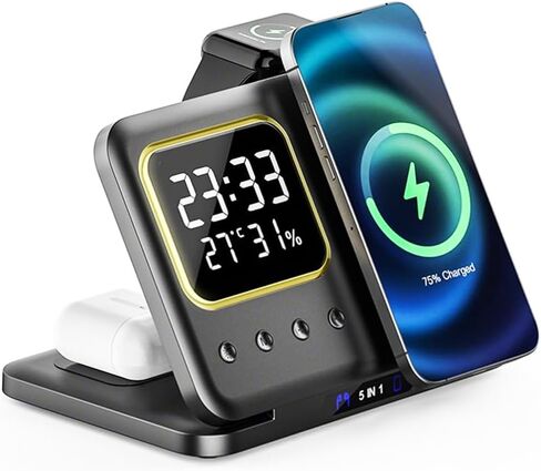 IHAO 6in1 Wireless Charging Station with Bluetooth Speaker Time&Temperature Display Alarm Clock 7-Color LED Night Lights Fast Charger for Phone, Apple Watch, Earbuds Remote Control Auto Shutoff-Black in Kuwait