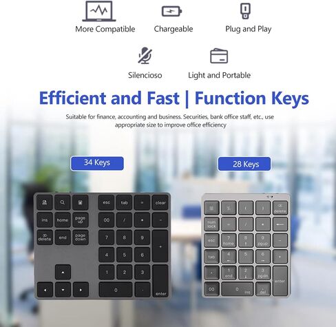 Bluetooth Number Pad, Aluminum Alloy Rechargeable 34 Keys Wireless Numeric Keypad Ultra Slim Portable 10m Range Compatible with iOS Android Window in Kuwait
