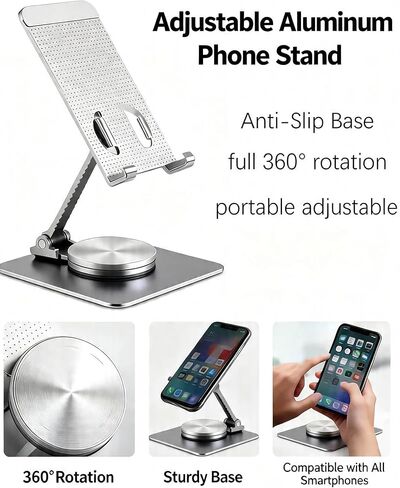 360° Rotating Phone Stand for Desk with Anti-Slip Silicone Pad, Foldable Cell Phone Stand for iPhone Samsung Google Pixel LG, Compatible with 4-12.9" Smartphones & Tablets with Travel Carrying Pouch in Kuwait