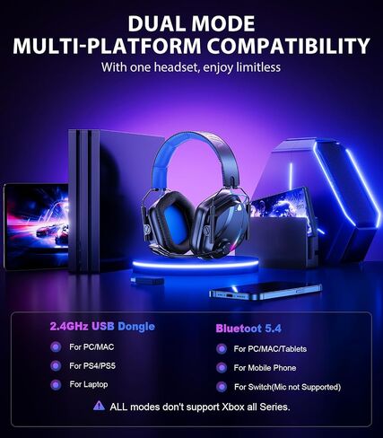 Vakedy Wireless Gaming Headset for PS5, PS4, PC, 2.4GHz Low-Latency & Bluetooth 5.4 Gaming Headphone with Noise Canceling Mic, 50mm Drivers, 50H Battery Wireless Headset for Switch, Mobile, Mac in Kuwait