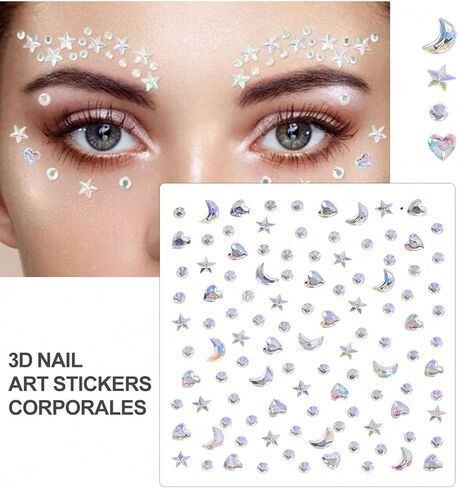 5pcs Self-Adhesive DIY Pentagram Face Decoration Sticker,4 Sheet Acrylic Rhinestone Stickers with Star Moon Butterfly Flower Design in Kuwait