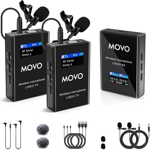 Movo Lingo-Duo 48-Channel UHF Wireless Lavalier Microphone System for Camera - Lav Mic Compatible with Canon, Nikon, and Sony DSLR Cameras - for Filmmaking, Vlogging, Interviews, Content Creation in Kuwait