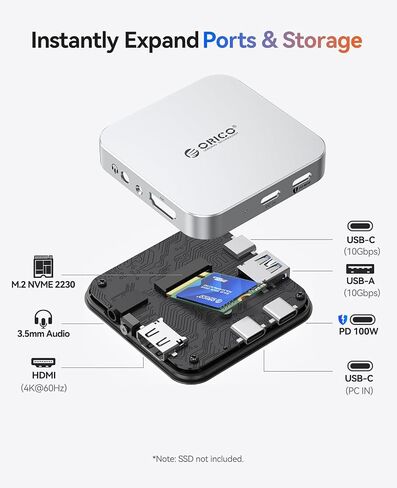 ORICO 10Gbps Magnetic M.2 Docking Station, 6-in-1 USB C HUB & M.2 2230 NVMe Enclosure with HDMI 4K@60Hz, USB-A&C 3.2, 100W PD, AUX, USBC Dock for iPhone 17/16/15 Pro/Pro Max in Kuwait