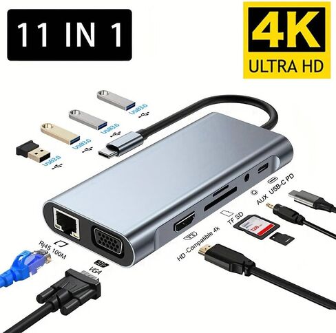 11 in 1 USB C Hub, USB Type C Docking Station with Dual HDMI VGA Gigabit Ethernet, USB 3.0 Multiport Adapter for Laptop MacBook in Kuwait