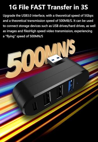4Ports USB 3.0 Hub [90°/180° Degree Rotatable], USB Splitter Extender Multi-Port Adapter with 3 USB Ports & 1 USB C Power/Data Port, for Laptop, Car, MacBook Pro/Air, Keyboard (Black) in Kuwait