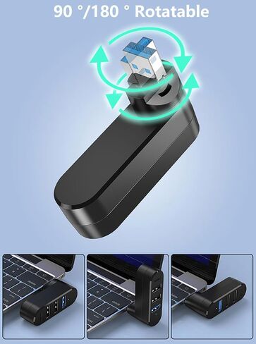 4Ports USB 3.0 Hub [90°/180° Degree Rotatable], USB Splitter Extender Multi-Port Adapter with 3 USB Ports & 1 USB C Power/Data Port, for Laptop, Car, MacBook Pro/Air, Keyboard (Black) in Kuwait