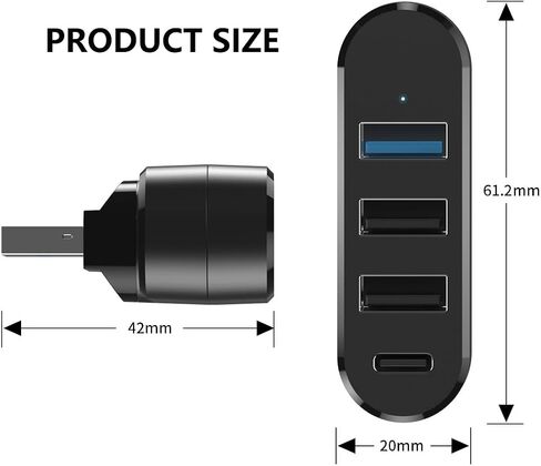 4Ports USB 3.0 Hub [90°/180° Degree Rotatable], USB Splitter Extender Multi-Port Adapter with 3 USB Ports & 1 USB C Power/Data Port, for Laptop, Car, MacBook Pro/Air, Keyboard (Black) in Kuwait