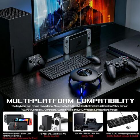 Keyboard and Mouse Adapter for Nintendo Switch/Switch 2/Xbox Series/Xbox One/PS4/PS3, Gaming Console Converter with RGB Lights, Supports Custom Keys, Sensitivity Settings, Play FPS, TPS, RPG, RTS Game in Kuwait