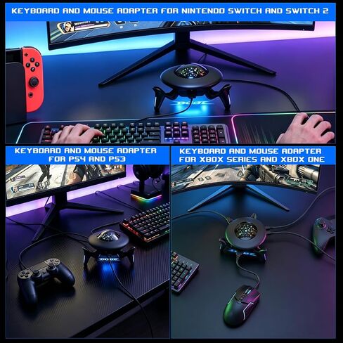 Keyboard and Mouse Adapter for Nintendo Switch/Switch 2/Xbox Series/Xbox One/PS4/PS3, Gaming Console Converter with RGB Lights, Supports Custom Keys, Sensitivity Settings, Play FPS, TPS, RPG, RTS Game in Kuwait