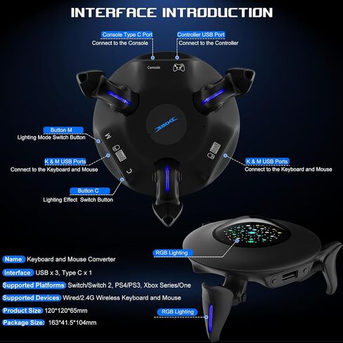 Keyboard and Mouse Adapter for Nintendo Switch/Switch 2/Xbox Series/Xbox One/PS4/PS3, Gaming Console Converter with RGB Lights, Supports Custom Keys, Sensitivity Settings, Play FPS, TPS, RPG, RTS Game in Kuwait