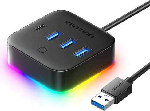 VENTION 4 in 1 Port USB Hub with RGB Light, 5Gbps USB A Splitter with USB 3.2 Gen 1×Type-C, USB A 3.0×3 Data Ports and 1×5V/2A Power Port for Laptop/MacBook/Keyboard, 0.25M in Kuwait