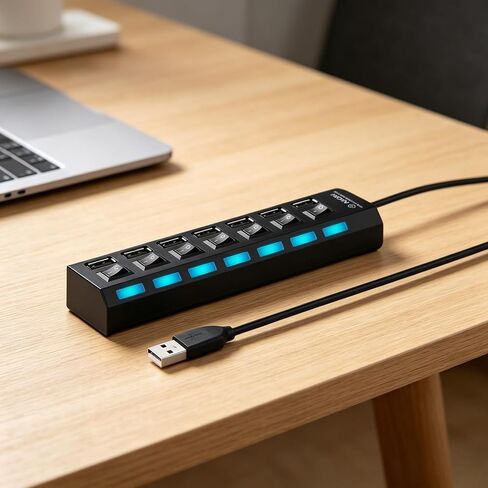 1 PCS 7 Port USB 2.0 Hub Multi Charger Adapter, High Speed USB Extender with Individual On Off Switches, Compact USB Splitter for Laptop and PC in Kuwait