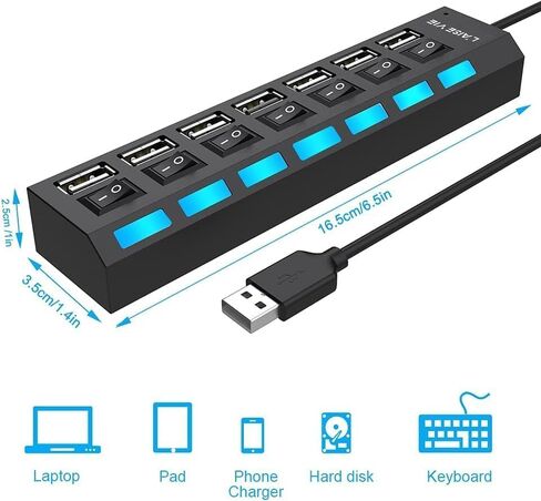 1 PCS 7 Port USB 2.0 Hub Multi Charger Adapter, High Speed USB Extender with Individual On Off Switches, Compact USB Splitter for Laptop and PC in Kuwait