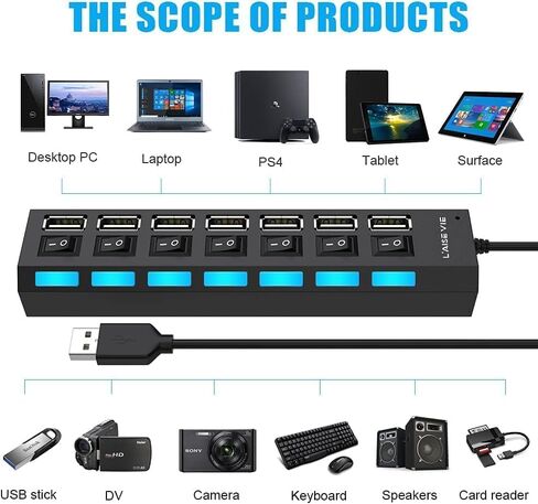 1 PCS 7 Port USB 2.0 Hub Multi Charger Adapter, High Speed USB Extender with Individual On Off Switches, Compact USB Splitter for Laptop and PC in Kuwait